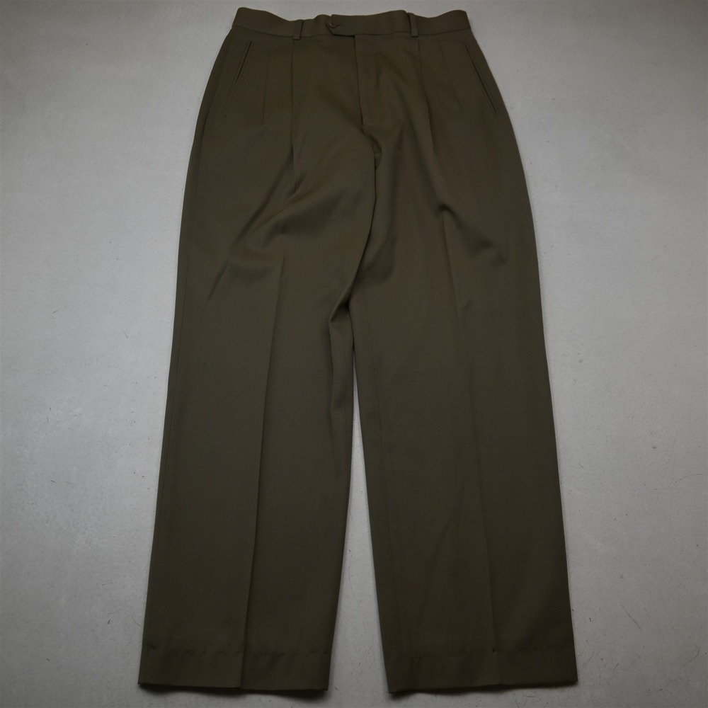 Vtg Y2K 2000s 32x32 Khaki 100% Wool High Waist Pleated Baggy Dress Mens Pants